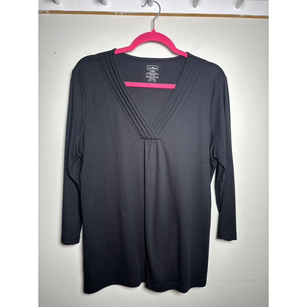 L.L.Bean Supima Cotton Pintuck V Neck Top Large Black Long Sleeve Fall